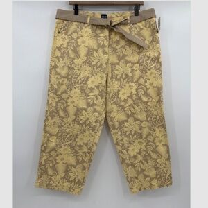 Basic Editions Pants Women 16W NEW Yellow Beige Floral Capri Belted Tropical